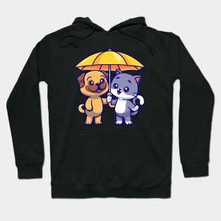 Cute Pug Dog And Cat Standing Under Umbrella Cartoon Hoodie